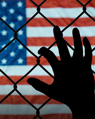 A hand stretching towards the American flag - Serving Immigrants