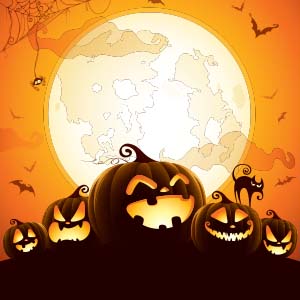 Halloween pumpkins, bats and spiders on a full moon background - Serving Immigrants