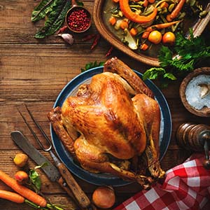 Thanksgiving dinner spread with roasted turkey, vegetables - Serving Immigrants